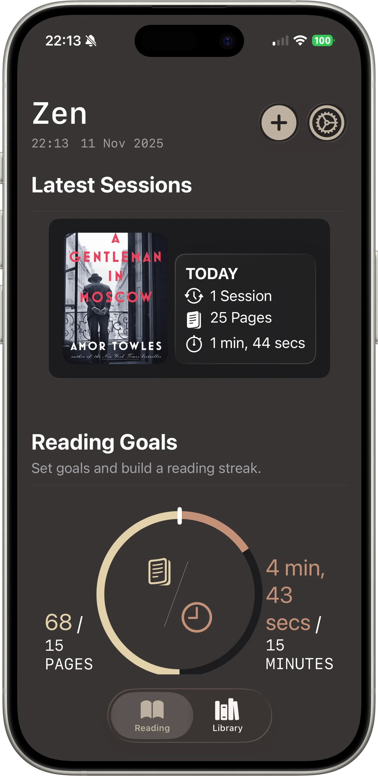 Zen analytics feature showing a graph of reading progress over time